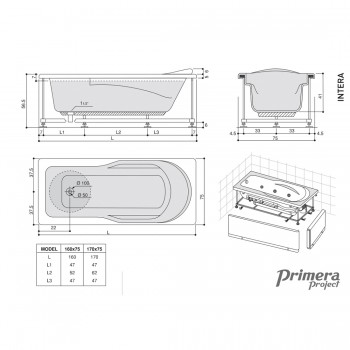 Primera Intera INTR16075 Ванна прямоугольная 160x75 см.
