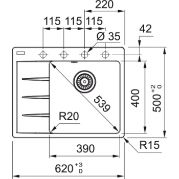 Кухонная мойка FRANKE CENTRO CNG 611-62 TL белая, крыло слева (114.0630.449) 620х500 мм.