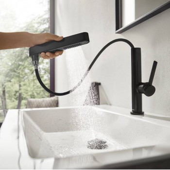 Смеситель для умывальника Hansgrohe Finoris 230 с выдвижным носиком 2JET и д/к push-open, черный матовый (76063670)