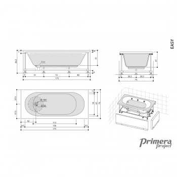 Primera Easy EASY17575 Ванна прямокутна 175х75 см.