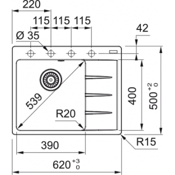 Кухонная мойка FRANKE CENTRO CNG 611-62 TL белая, крыло справа (114.0630.457) 620х500 мм.