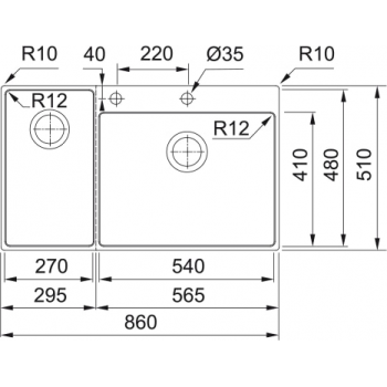 Кухонная мойка FRANKE BOX CENTER BWX 220-54-27 малая чаша слева (127.0538.260) 860х510 мм.